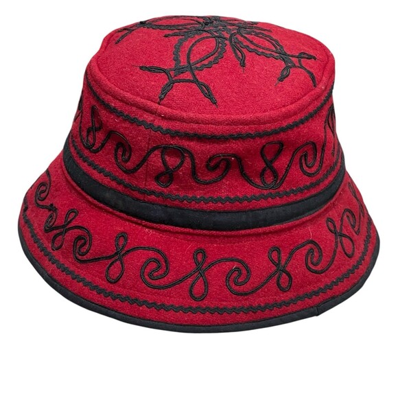 Vintage Guatemalan 100% Wool Embroidered Bucket Hat Cap Red Black XL - Picture 3 of 7
